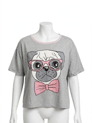 Camiseta de Pijama Gris Perrito con Gafas Rosas