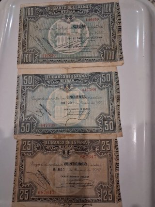 Trío de Billetes Banco de España Bilbao 1937