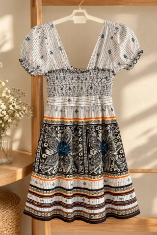 Vestido Estampado Manga Corta Abullonada
