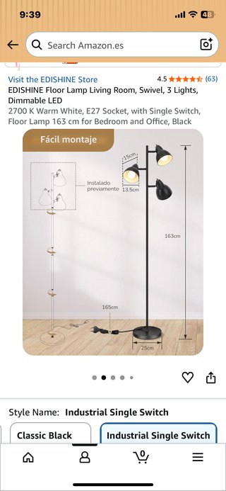 Lámpara de pie EDISHINE 163cm Negra