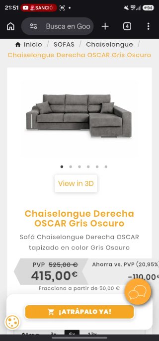 Sofá Chaise Longue Gris
