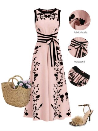 Vestido rosa con estampado floral negro