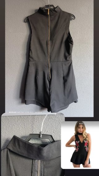Mono corto halter flores bordadas negro M