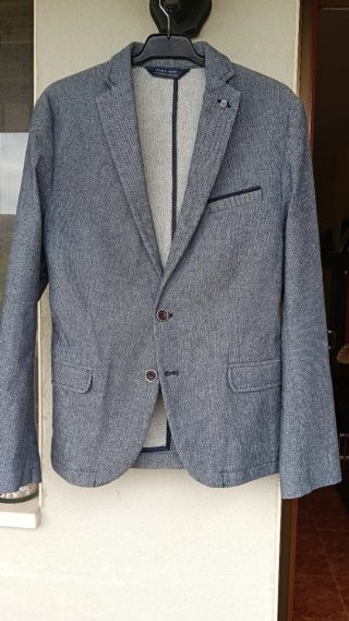 Americana Zara Tejido Cheviot Azul-Gris
