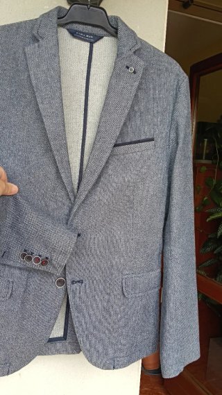 Americana Zara Tejido Cheviot Azul-Gris