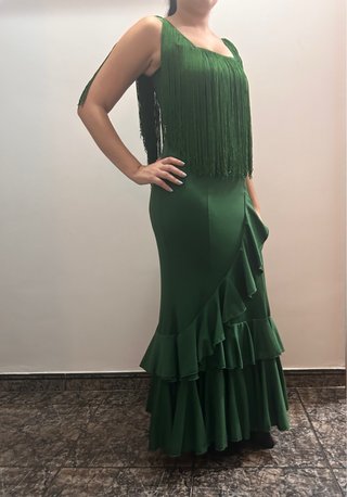 Vestido Flamenca Verde con Flecos y Volantes