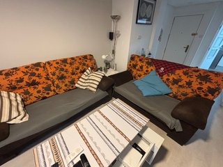 2 Sofás Cama Tela Marrón/Naranja