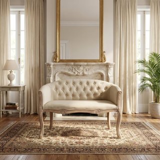 Divanetto Capitonné Legno Massello e Tessuto Beige