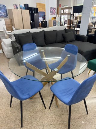 Mesa de Comedor de Cristal y 4 Sillas Azules