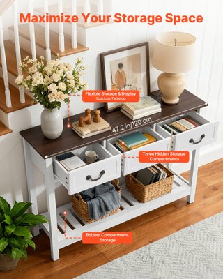 Tavolino Console Bianco con Cassetti e Ripiano