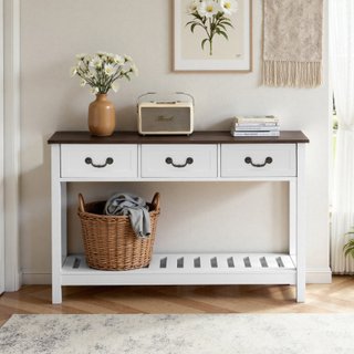 Tavolino Console Bianco con Cassetti e Ripiano