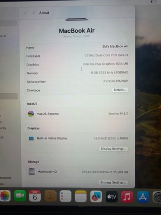 MacBook Air 2020 13” 8GB RAM 256GB SSD