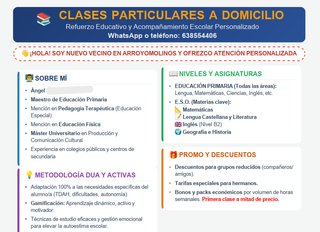 Clases particulares primaria, inglés Arroyomolinos