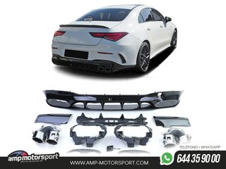 DIFUSOR TRASERO NEGRO BRILLO CON COLAS REDONDAS CROMADAS PARA MERCEDES CLA C118