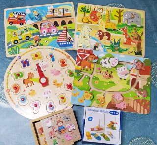 Lote Juguetes Madera Puzzles y Reloj