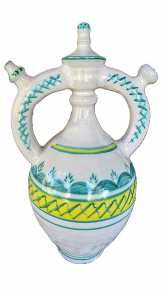 Botijo de cerámica blanco con decoraciones