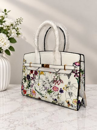 Bolso elegante floral tipo Birkin – blanco y multi