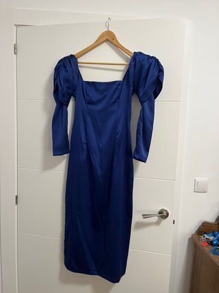 Vestido Satinado Azul Marino con Hombreras
