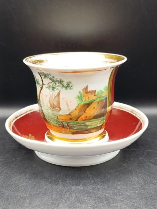 Taza grande y plato porcelana Pasajes
