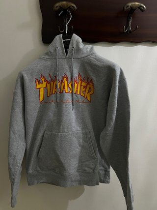 Felpa Thrasher Flame Grigia con Cappuccio - S