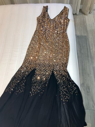 Vestido fiesta lentejuelas negro y dorado