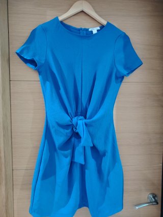 Vestido Azul Manga Corta con Nudo