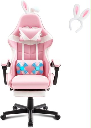 Silla Gamer Rosa con Reposapiés, masaje y diadema