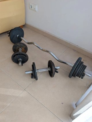 Barra zig zag, mancuernas y discos