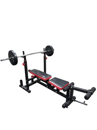 Banco de gimnasio multiestación con pesas y barras