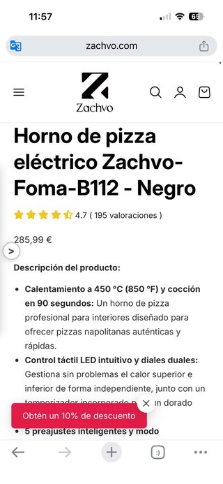 Horno Eléctrico para Pizzas ZACHVO Foma B112 negro