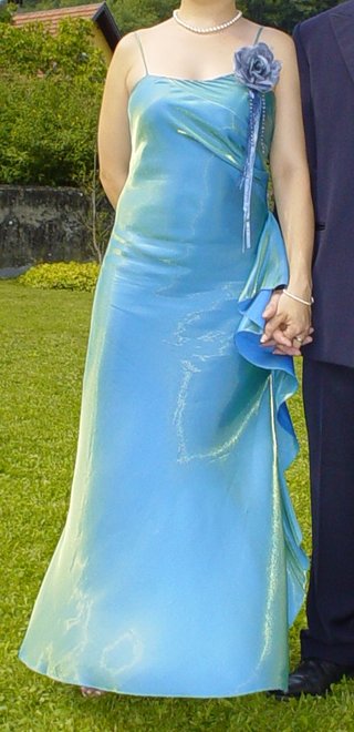 Vestido de fiesta largo verde y azul