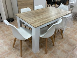 mesa de madera + 6 sillas estilo nordico blancas