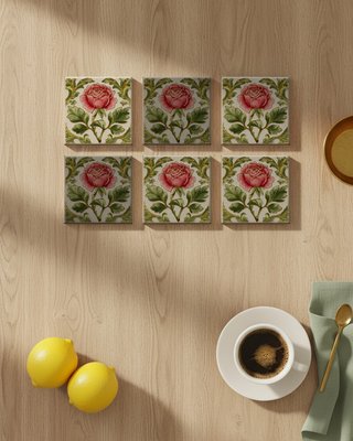 Pack 6 azulejos 10x10 cm rosa botánica cerámica