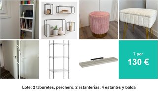 Lote: 2 taburetes, perchero, estanterías y baldas
