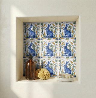 Pack 6 azulejos conejo azul botánico cerámica