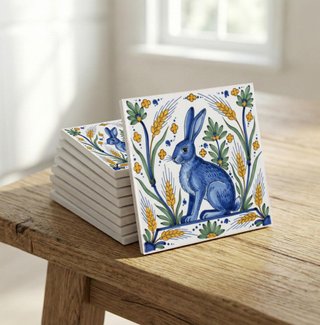 Pack 6 azulejos conejo azul botánico cerámica