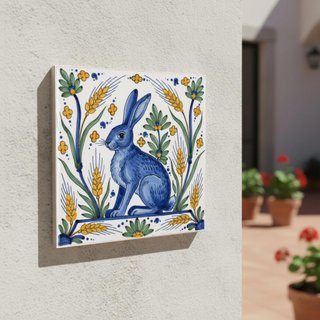 Pack 6 azulejos conejo azul botánico cerámica
