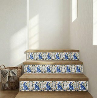 Pack 6 azulejos conejo azul botánico cerámica