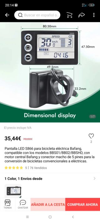 Pantalla LED S866 Bafang Bicicleta Eléctrica