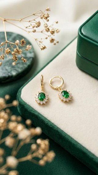Pendientes con Piedra Verde y Brillantes