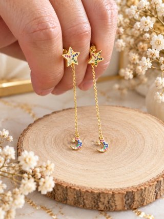 Pendientes Largos Estrella y Luna Plata 925