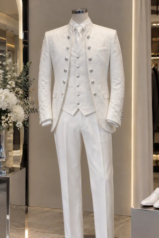 Traje de Novio Blanco Brocado
