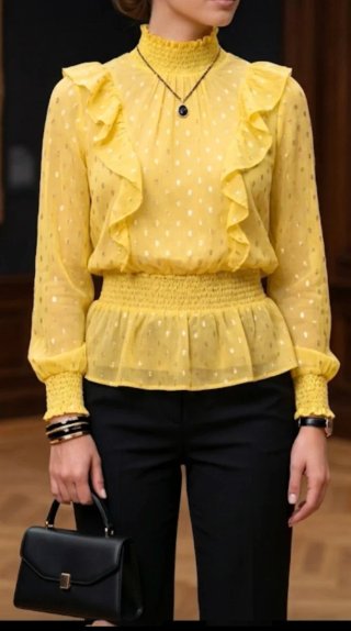 Blusa amarilla romántica detalles plateados T. L
