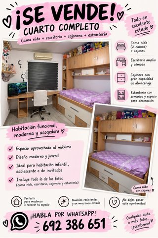 Cuarto completo: Cama nido, escritorio y almacenaj