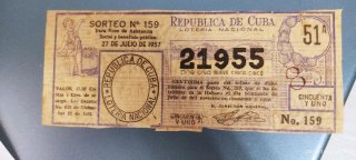 Lotería Nacional Cuba Billete 159 - 1957