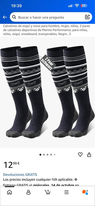 2 Pares Calcetines Esquí Merino Talla XL