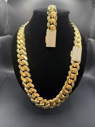 Conjunto Cadena y Pulsera Cubana laminado oro 14k