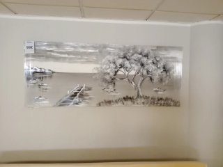 Cuadro paisaje mar con árbol y muelle
