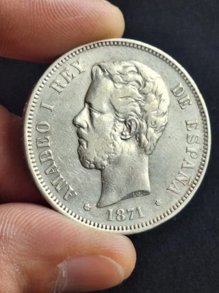 Moneda 5 Pesetas Plata 1871 Amadeo I Rey