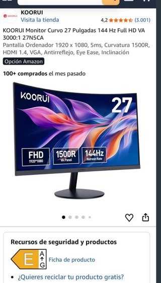 Monitor Curvo KOORUI 27 144Hz FHD VA